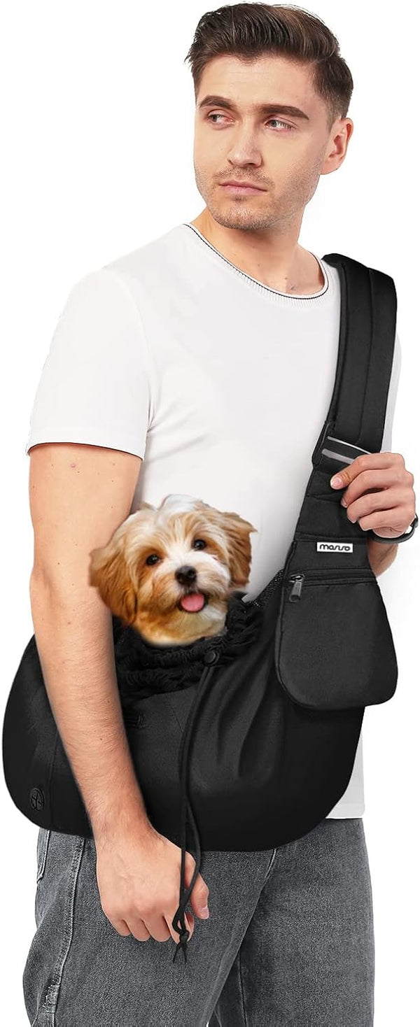 Small Dog /Cat Sling Carrier, Pet Carrier Tote Bag Purse, Hands Free Adjustable Padded Strap Breathable Polyester Soft Carrying Travel Shoulder Bag , Black