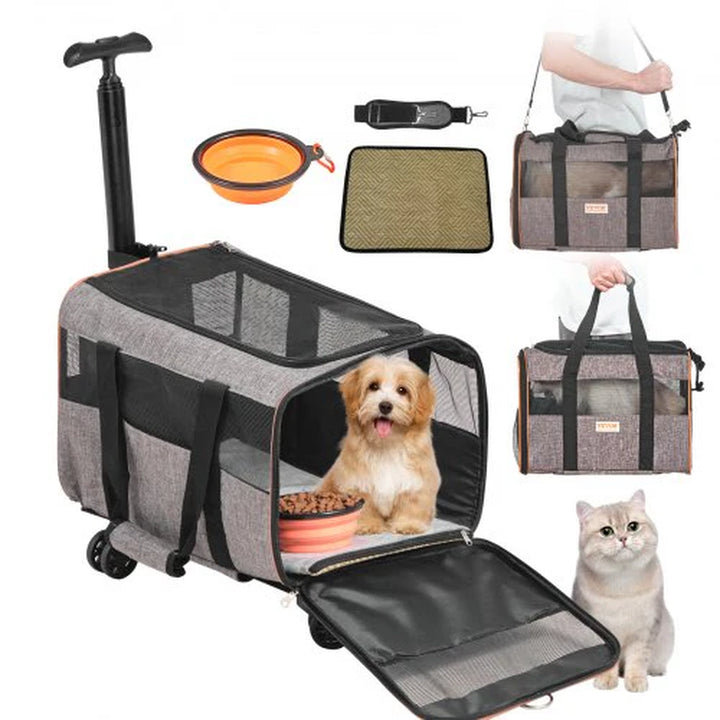 Pet Carrier for Dogs / Cats with Telescopic Handle and Shoulder Strap, Carrier with Wheels for Pets under 22 Lbs, with 1 Folding Bowl, Grey
