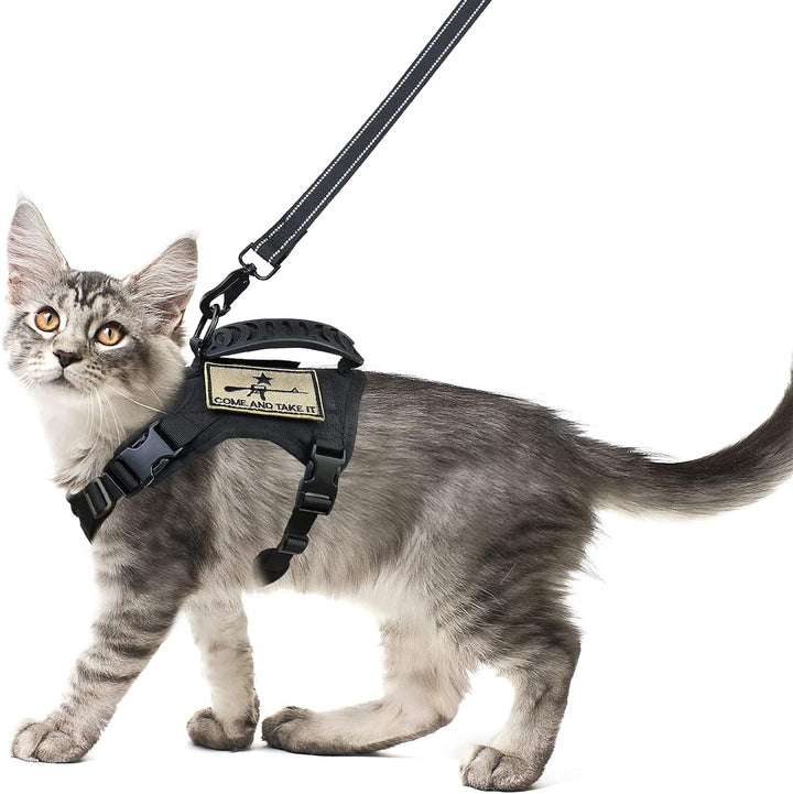 Tactical Cat Harness and Leash Set for Walking Escape Proof, Adjustable Large Cat Vest Harness with Molle Patches, Soft Mesh Padding, Rubber Handle Easy to Control Khaki