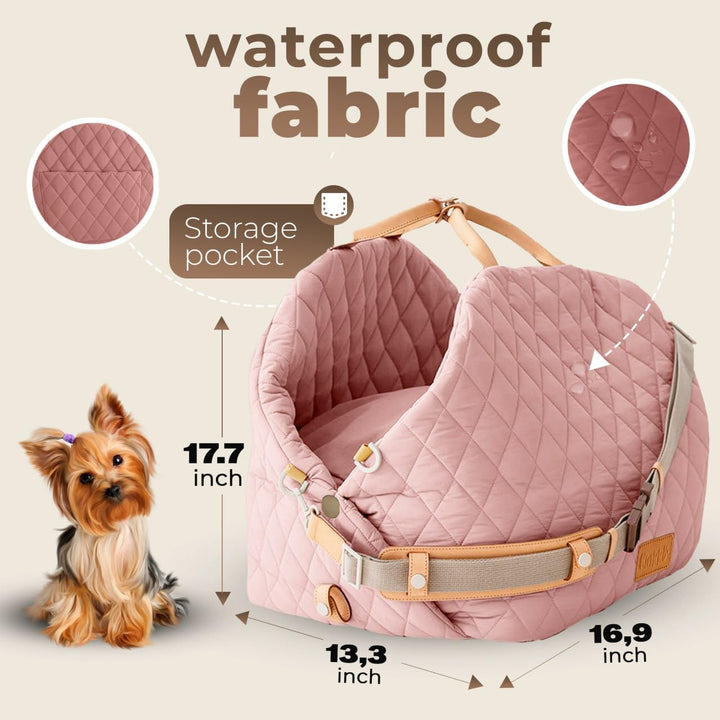 Dog Car Seat for Small Dogs – 3-In-1 Travel Carrier, Booster & Dog Bed for Car – Washable, Anti-Slip, Safety Straps – Fits Front & Back Seats – Cozy Pet Car Seat up to 25 Lbs – Pink