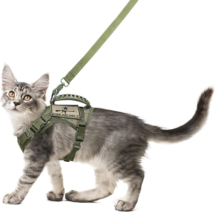 Tactical Cat Harness and Leash Set for Walking Escape Proof, Adjustable Large Cat Vest Harness with Molle Patches, Soft Mesh Padding, Rubber Handle Easy to Control Khaki