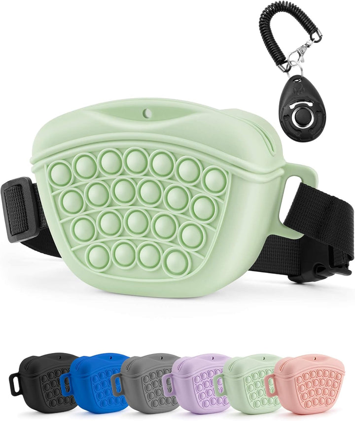Dog Treat Pouch with Training Clicker 2.0-Upgrade Stronger Magnetic Closure to Avoid Spilling, 1.67 Cup Silicone Treat Bag Fanny Pack with Waist Belt for Pet Training Walking (Blue)