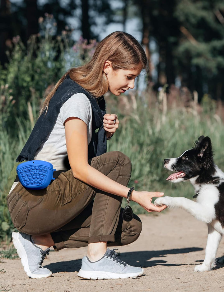 Dog Treat Pouch with Training Clicker 2.0-Upgrade Stronger Magnetic Closure to Avoid Spilling, 1.67 Cup Silicone Treat Bag Fanny Pack with Waist Belt for Pet Training Walking (Blue)