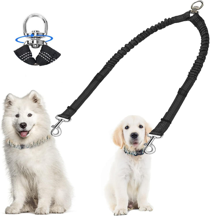 Double Dog Leash - Dual 360 No Tangle Two Dogs Leash for Small to Large Dogs - Adjustable, Tangle Free (Black)