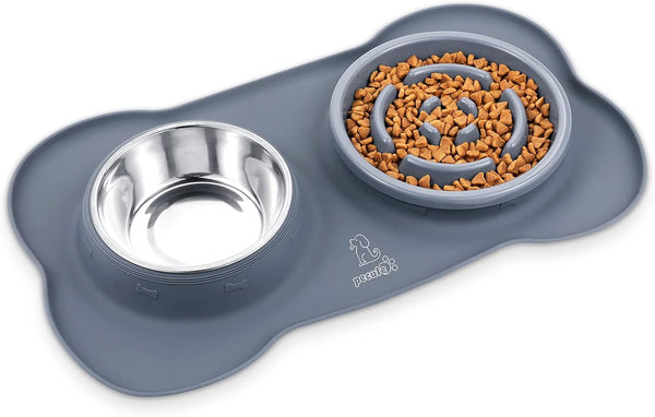 Slow Feeder Dog Bowls to Slow down Eating, No-Spill Non-Skid Silicone Mat, Food-Grade Safe Dog Food Bowls, Stainless Steel Water Bowl for Dogs Cats
