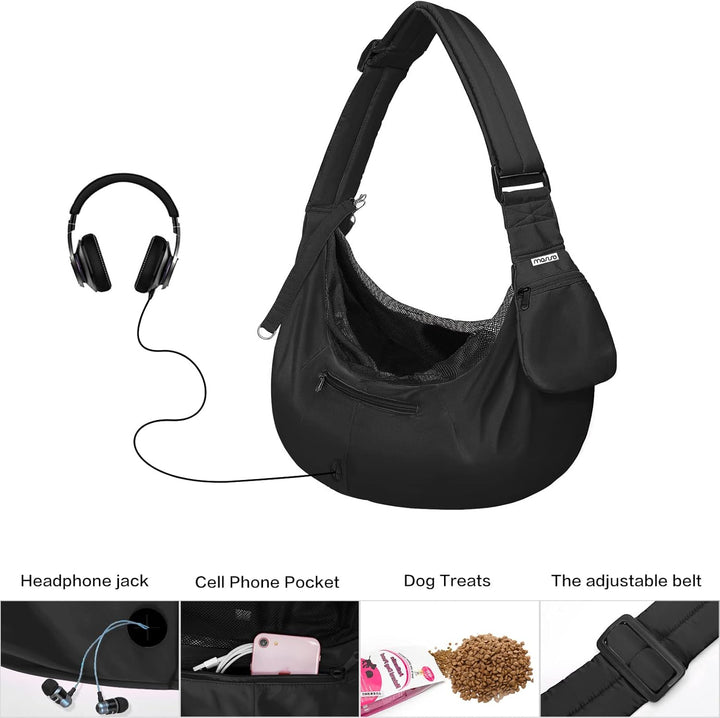 Small Dog /Cat Sling Carrier, Pet Carrier Tote Bag Purse, Hands Free Adjustable Padded Strap Breathable Polyester Soft Carrying Travel Shoulder Bag , Black