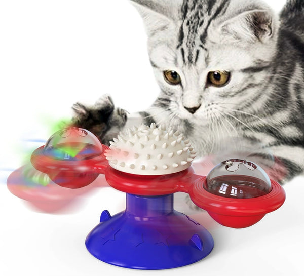 Cat Entertainment Set- Interactive Rotating Disk, Feather Teasers, Tumbler, Windmill Toy