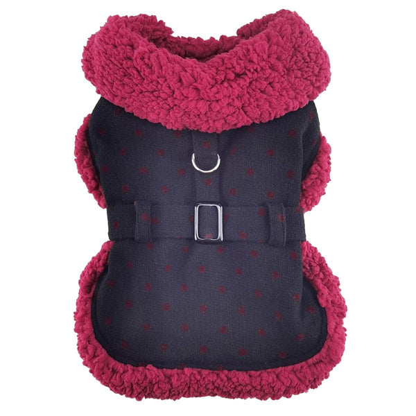 Sherpa-Lined Dog Harness Coat - Black and Burgundy Dots
