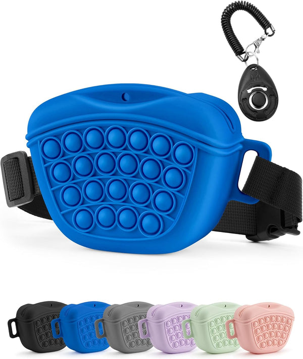 Dog Treat Pouch with Training Clicker 2.0-Upgrade Stronger Magnetic Closure to Avoid Spilling, 1.67 Cup Silicone Treat Bag Fanny Pack with Waist Belt for Pet Training Walking (Blue)