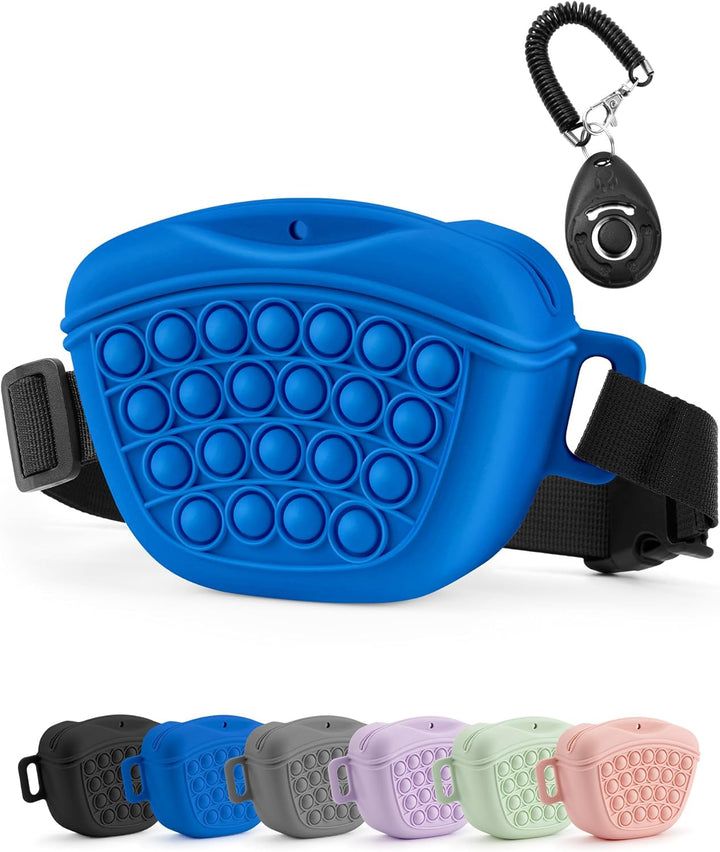 Dog Treat Pouch with Training Clicker 2.0-Upgrade Stronger Magnetic Closure to Avoid Spilling, 1.67 Cup Silicone Treat Bag Fanny Pack with Waist Belt for Pet Training Walking (Blue)