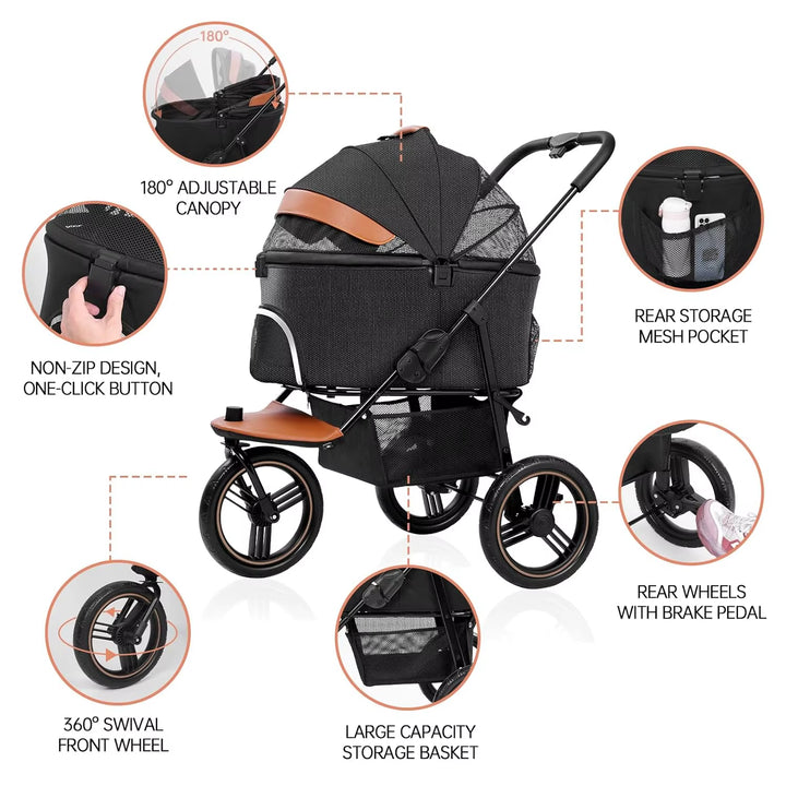 Dog Stroller for Medium Small Dogs, 3 in1 Pet Stroller Dog / Cat Jogger Stroller 3 Wheels with Detachable Dog Carriage,