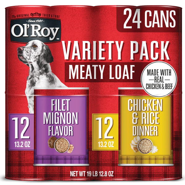 Ol' Roy Meaty Loaf Wet Dog Food Variety Pack, Filet Mignon Flavor and Chicken & Rice Dinner, 13.2 Oz, 24 Cans