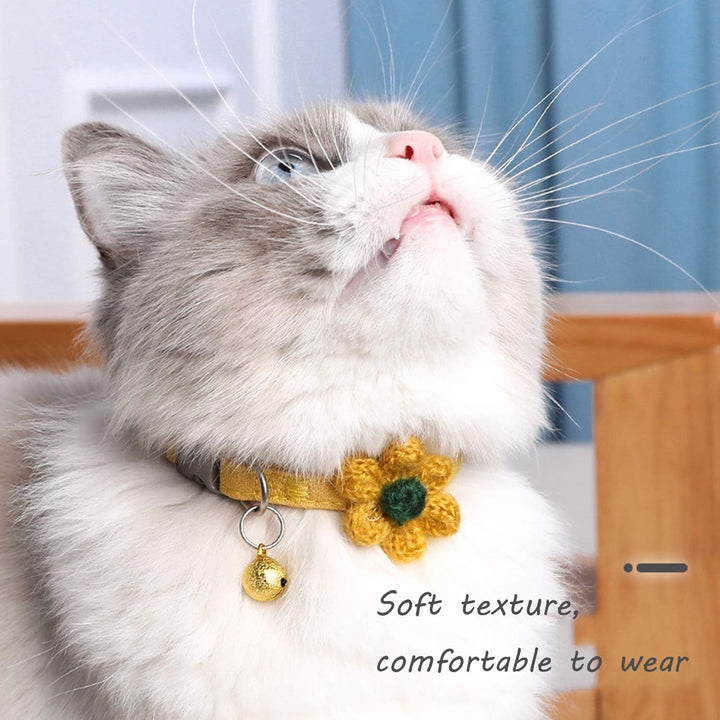 Handmade Cat Collars,Kitten Collar with Six Petals Flowers Collars Charms,Dog Cat Collar with Bells,Adjustable Cat Collars for Girl Cats (Sky Blue)