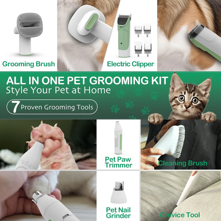 Pet Grooming Kit, 7 Grooming Tools, Pet Grooming Vacuum, Dog/Cat Clippers Kit, Low Noise, PG50 PLUS