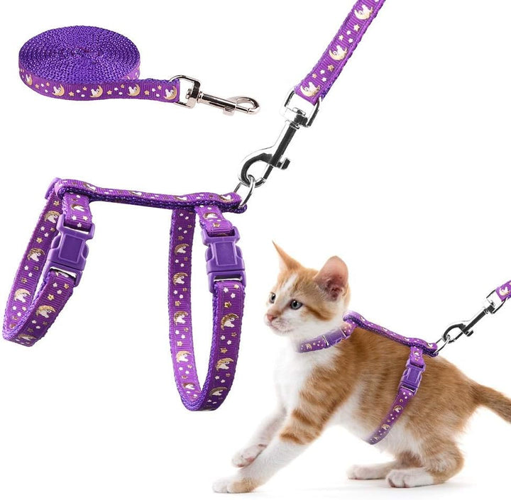 Cat Harness and Leash Set Gold Moons Stars Soft Nylon Escape Proof Adjustable for Kittens Small Animals Glow in the Dark (Black)