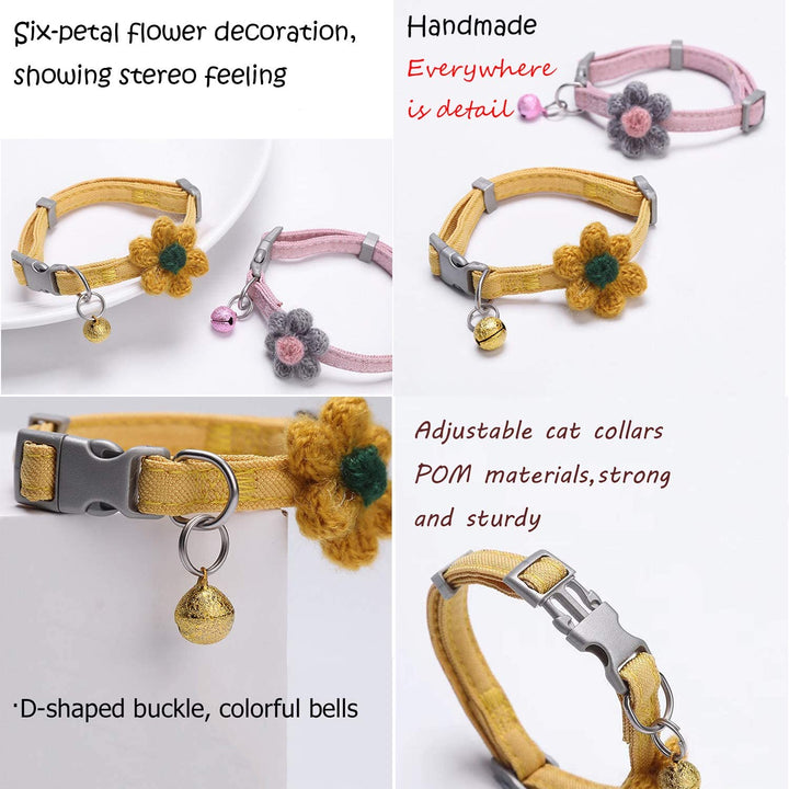Handmade Cat Collars,Kitten Collar with Six Petals Flowers Collars Charms,Dog Cat Collar with Bells,Adjustable Cat Collars for Girl Cats (Sky Blue)