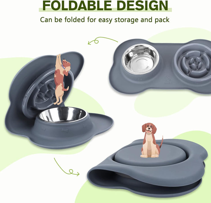 Slow Feeder Dog Bowls to Slow down Eating, No-Spill Non-Skid Silicone Mat, Food-Grade Safe Dog Food Bowls, Stainless Steel Water Bowl for Dogs Cats