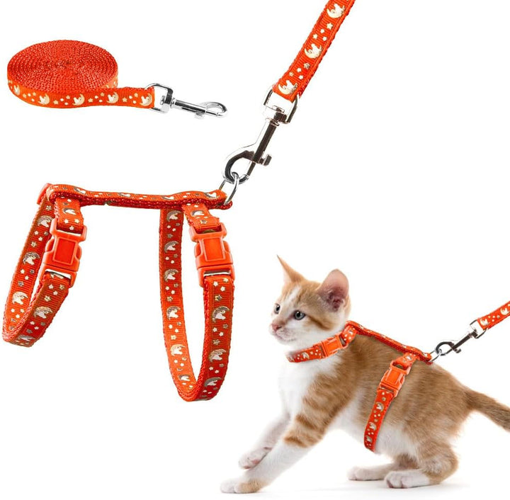 Cat Harness and Leash Set Gold Moons Stars Soft Nylon Escape Proof Adjustable for Kittens Small Animals Glow in the Dark (Black)