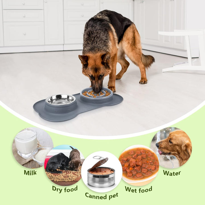 Slow Feeder Dog Bowls to Slow down Eating, No-Spill Non-Skid Silicone Mat, Food-Grade Safe Dog Food Bowls, Stainless Steel Water Bowl for Dogs Cats