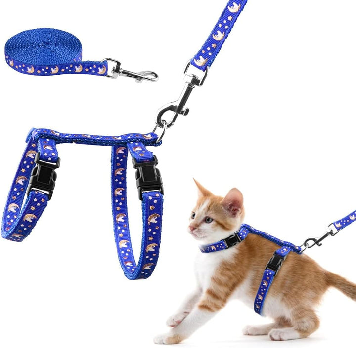 Cat Harness and Leash Set Gold Moons Stars Soft Nylon Escape Proof Adjustable for Kittens Small Animals Glow in the Dark (Black)