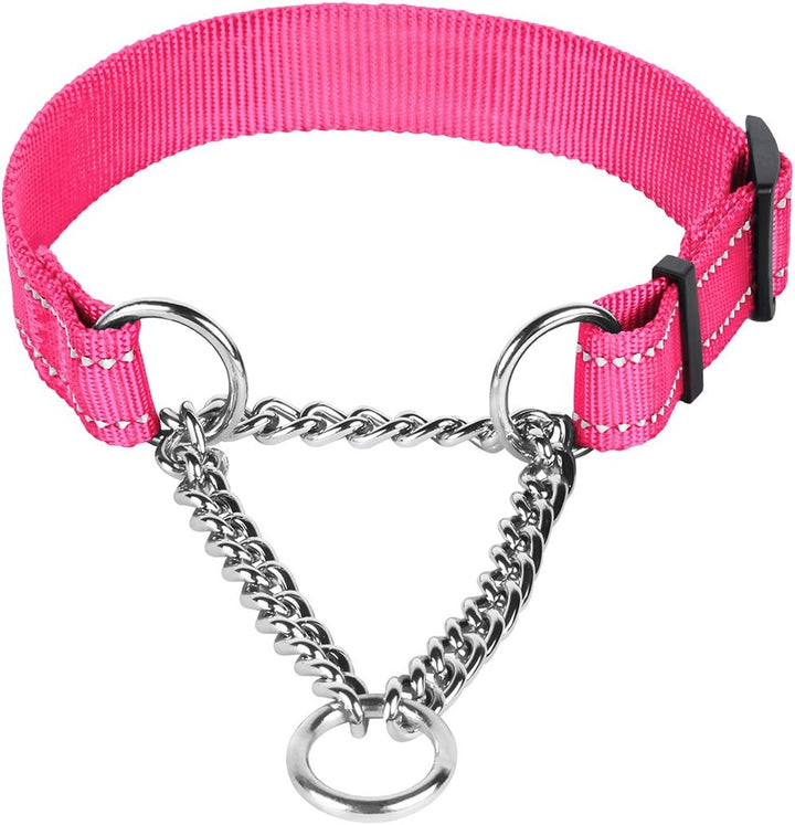 Martingale Dog Collar Training Adjustable Stainless Steel Chain Reflective Nylon Pet Collars for Medium Large Dogs (M, Neck Fit 14"-20", Pink)