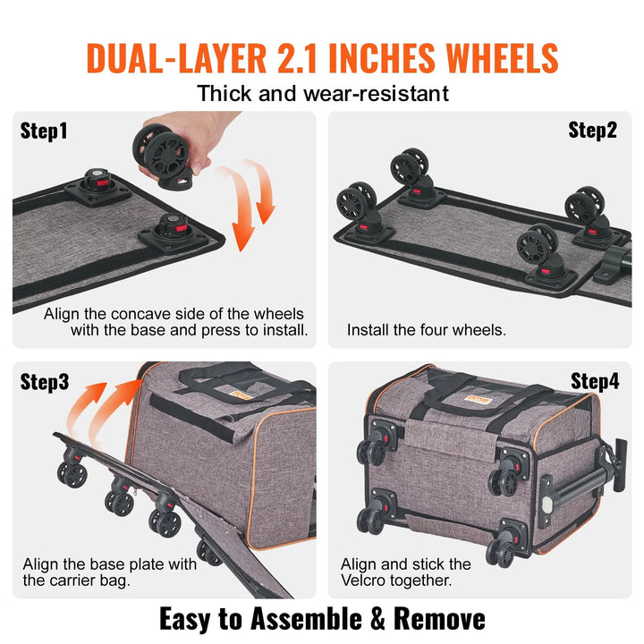 Pet Carrier for Dogs / Cats with Telescopic Handle and Shoulder Strap, Carrier with Wheels for Pets under 22 Lbs, with 1 Folding Bowl, Grey