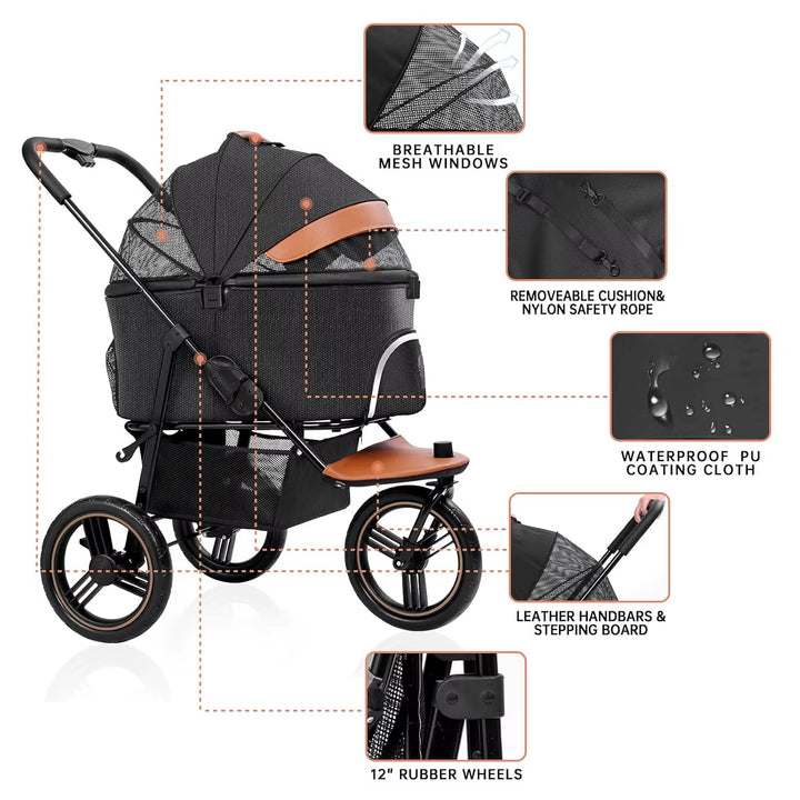 Dog Stroller for Medium Small Dogs, 3 in1 Pet Stroller Dog / Cat Jogger Stroller 3 Wheels with Detachable Dog Carriage,