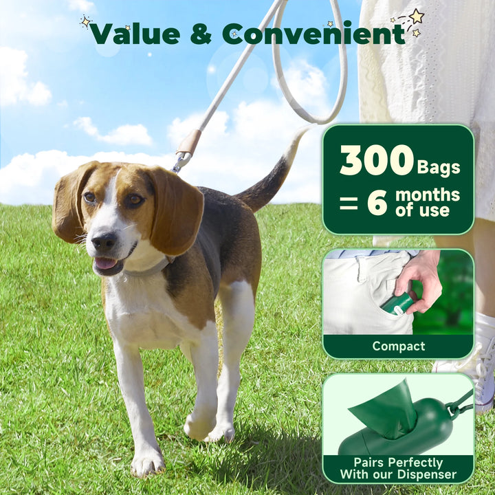 Dog Poop Bags, Extra Thick Waste Bag for Pets, 20 Refill Rolls, 300 Count, Lavender Scented, 1 Dispenser - Green