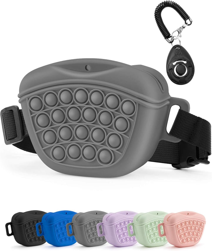 Dog Treat Pouch with Training Clicker 2.0-Upgrade Stronger Magnetic Closure to Avoid Spilling, 1.67 Cup Silicone Treat Bag Fanny Pack with Waist Belt for Pet Training Walking (Blue)