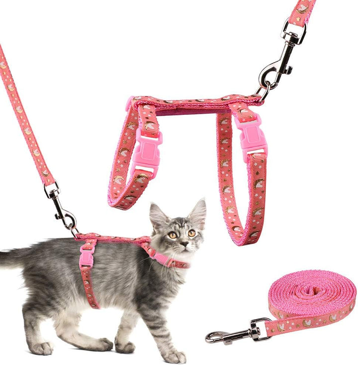 Cat Harness and Leash Set Gold Moons Stars Soft Nylon Escape Proof Adjustable for Kittens Small Animals Glow in the Dark (Black)