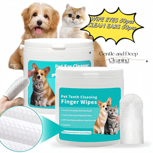 2-Pack Pet Teeth and Ear Cleaner Finger Wipes, Dog and Cat Grooming Kit, Soothing Odor Control, Reduces Dirt and Wax Buildup, Cleans Teeth and Reduces Tartar and Odor, 100 Tablets