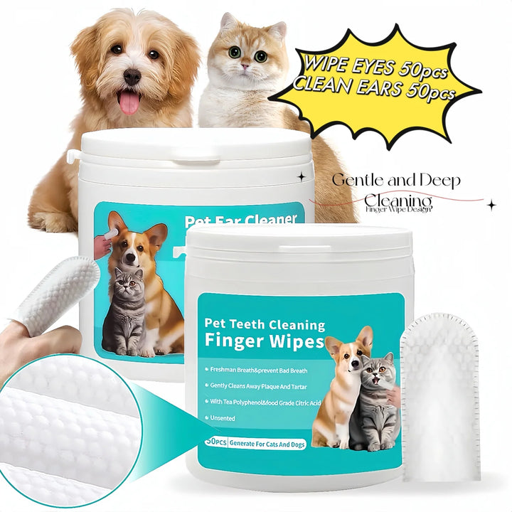 2-Pack Pet Teeth and Ear Cleaner Finger Wipes, Dog and Cat Grooming Kit, Soothing Odor Control, Reduces Dirt and Wax Buildup, Cleans Teeth and Reduces Tartar and Odor, 100 Tablets