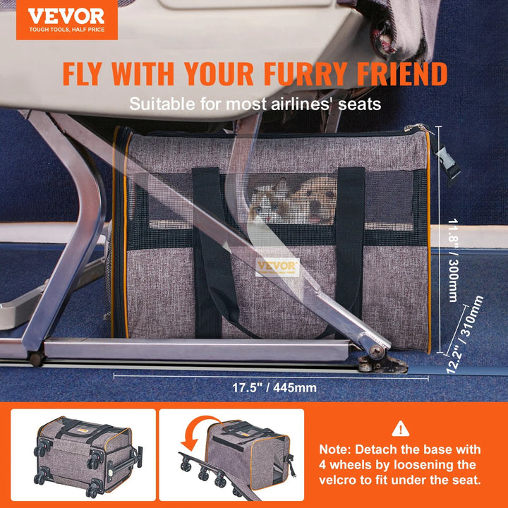 Pet Carrier for Dogs / Cats with Telescopic Handle and Shoulder Strap, Carrier with Wheels for Pets under 22 Lbs, with 1 Folding Bowl, Grey