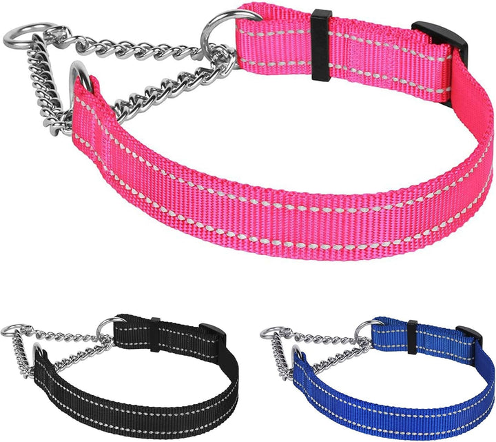 Martingale Dog Collar Training Adjustable Stainless Steel Chain Reflective Nylon Pet Collars for Medium Large Dogs (M, Neck Fit 14"-20", Pink)