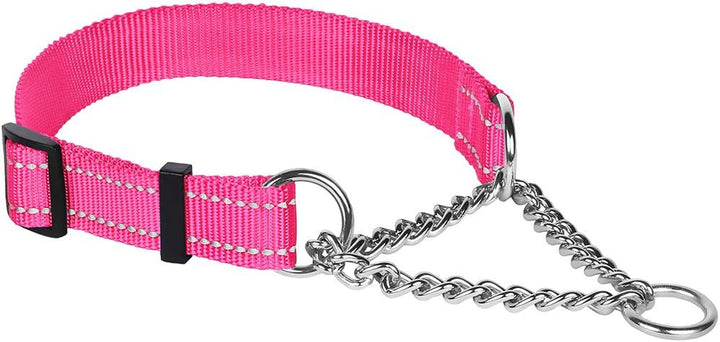 Martingale Dog Collar Training Adjustable Stainless Steel Chain Reflective Nylon Pet Collars for Medium Large Dogs (M, Neck Fit 14"-20", Pink)
