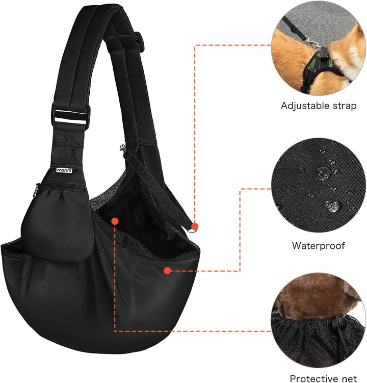 Small Dog /Cat Sling Carrier, Pet Carrier Tote Bag Purse, Hands Free Adjustable Padded Strap Breathable Polyester Soft Carrying Travel Shoulder Bag , Black