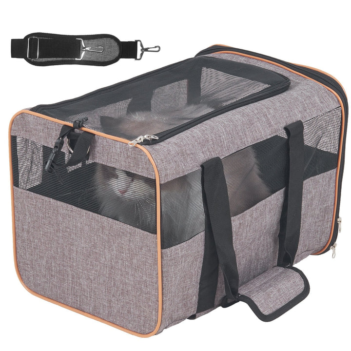 Pet Carrier for Dogs / Cats with Telescopic Handle and Shoulder Strap, Carrier with Wheels for Pets under 22 Lbs, with 1 Folding Bowl, Grey