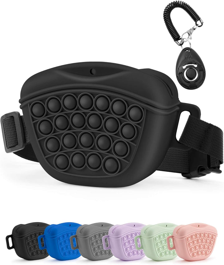 Dog Treat Pouch with Training Clicker 2.0-Upgrade Stronger Magnetic Closure to Avoid Spilling, 1.67 Cup Silicone Treat Bag Fanny Pack with Waist Belt for Pet Training Walking (Blue)