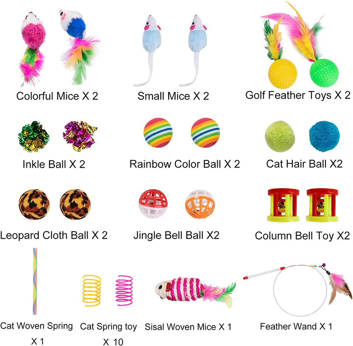 32Pcs Cat Toys Kitten Interactive Pet Toys Assortments, Foldable Rainbow Tunnel, Cat Feather Teaser Wand Interactive Feather Toy Fluffy Mouse Crinkle Balls Bell Play for Cat Puppy Kitty Kitten(2 Way)