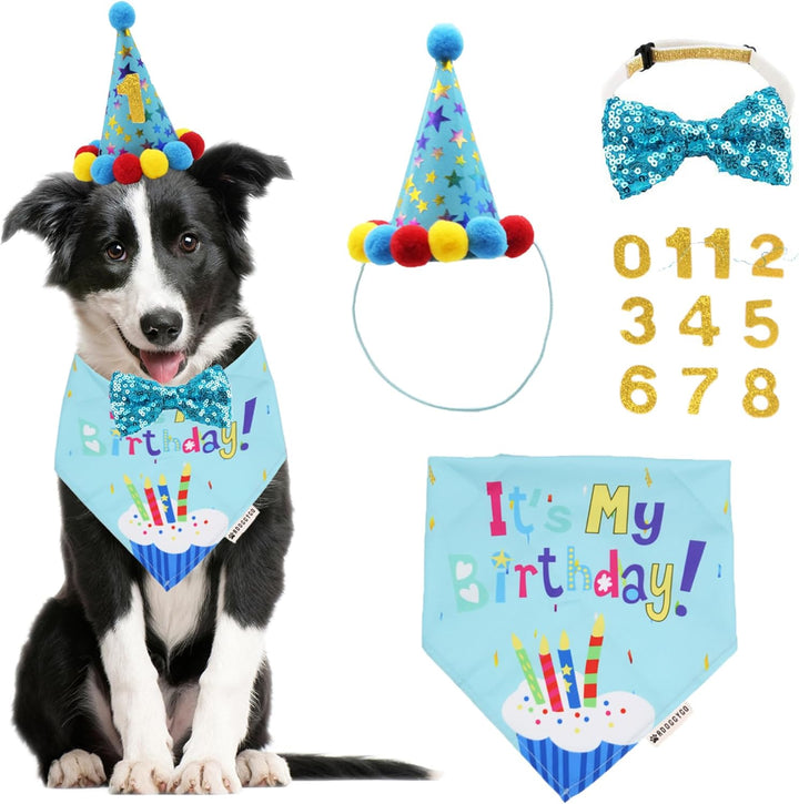 Dog Birthday Bandana Scarf and Party Hat with Cute Bow Tie for Medium Large Dog Pet (Large)