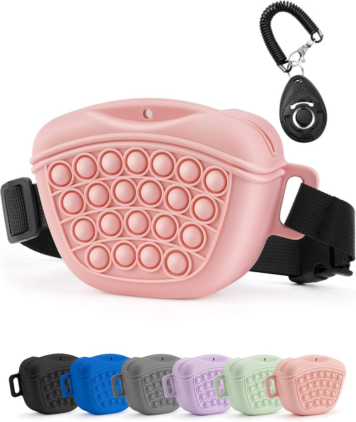 Dog Treat Pouch with Training Clicker 2.0-Upgrade Stronger Magnetic Closure to Avoid Spilling, 1.67 Cup Silicone Treat Bag Fanny Pack with Waist Belt for Pet Training Walking (Blue)