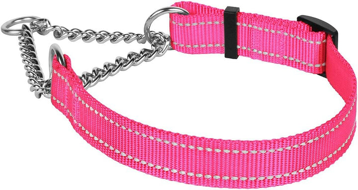 Martingale Dog Collar Training Adjustable Stainless Steel Chain Reflective Nylon Pet Collars for Medium Large Dogs (M, Neck Fit 14"-20", Pink)