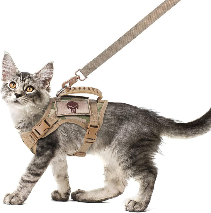 Tactical Cat Harness and Leash Set for Walking Escape Proof, Adjustable Large Cat Vest Harness with Molle Patches, Soft Mesh Padding, Rubber Handle Easy to Control Khaki