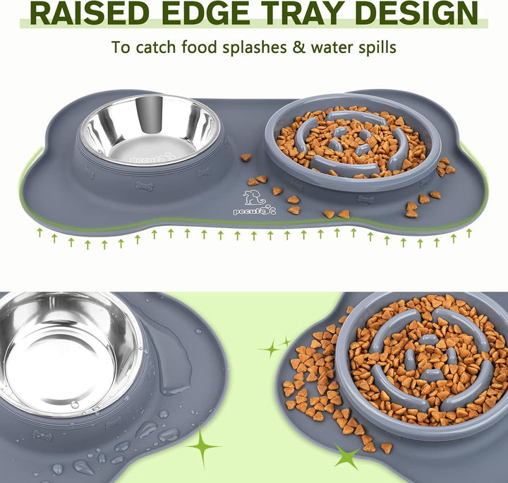 Slow Feeder Dog Bowls to Slow down Eating, No-Spill Non-Skid Silicone Mat, Food-Grade Safe Dog Food Bowls, Stainless Steel Water Bowl for Dogs Cats