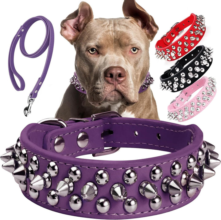 Dog Collars for Medium Dogs with Leash,  Spiked Dog Collar for Large Dogs, Dog Collar, Studded Rivet Pit Bull Leather Dog Collar Durable Cat Collar for Small Medium Large Pet Gift