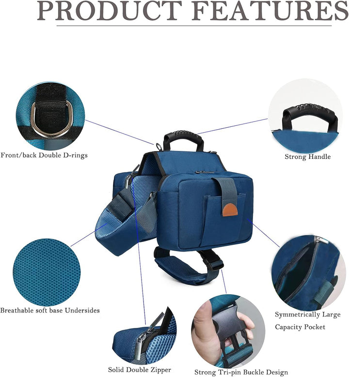 Dog Saddle Bag Backpack Hiking Harness Carrier Camping Waterproof with Pockets Adjustable Strap Polyester for Medium/Large Dogs
