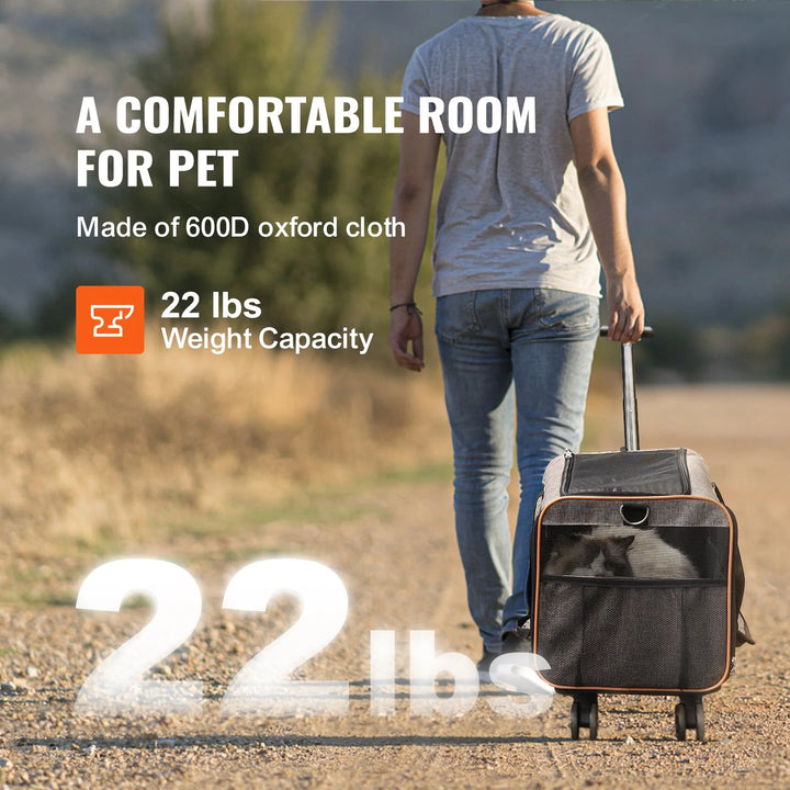 Pet Carrier for Dogs / Cats with Telescopic Handle and Shoulder Strap, Carrier with Wheels for Pets under 22 Lbs, with 1 Folding Bowl, Grey