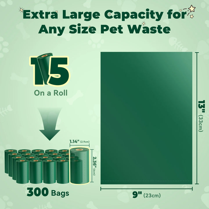 Dog Poop Bags, Extra Thick Waste Bag for Pets, 20 Refill Rolls, 300 Count, Lavender Scented, 1 Dispenser - Green