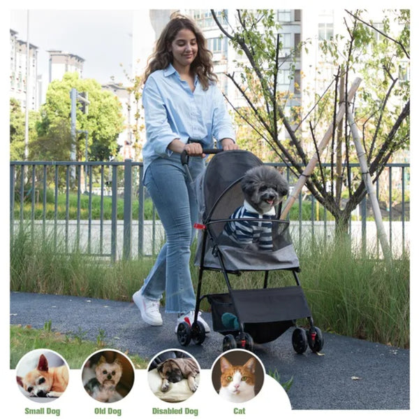 Foldable Pet Stroller, Small Dog /Cat Stroller With Storage Basket, Gray And Black
