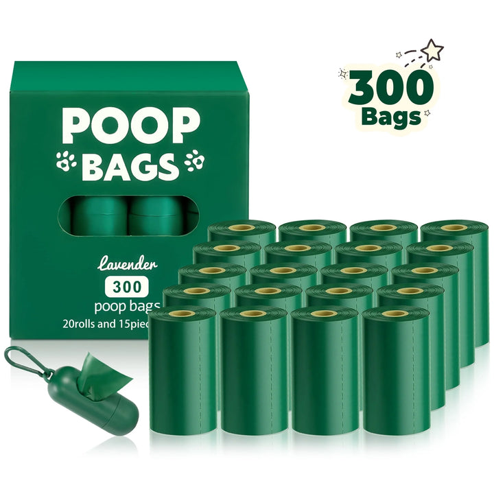 Dog Poop Bags, Extra Thick Waste Bag for Pets, 20 Refill Rolls, 300 Count, Lavender Scented, 1 Dispenser - Green